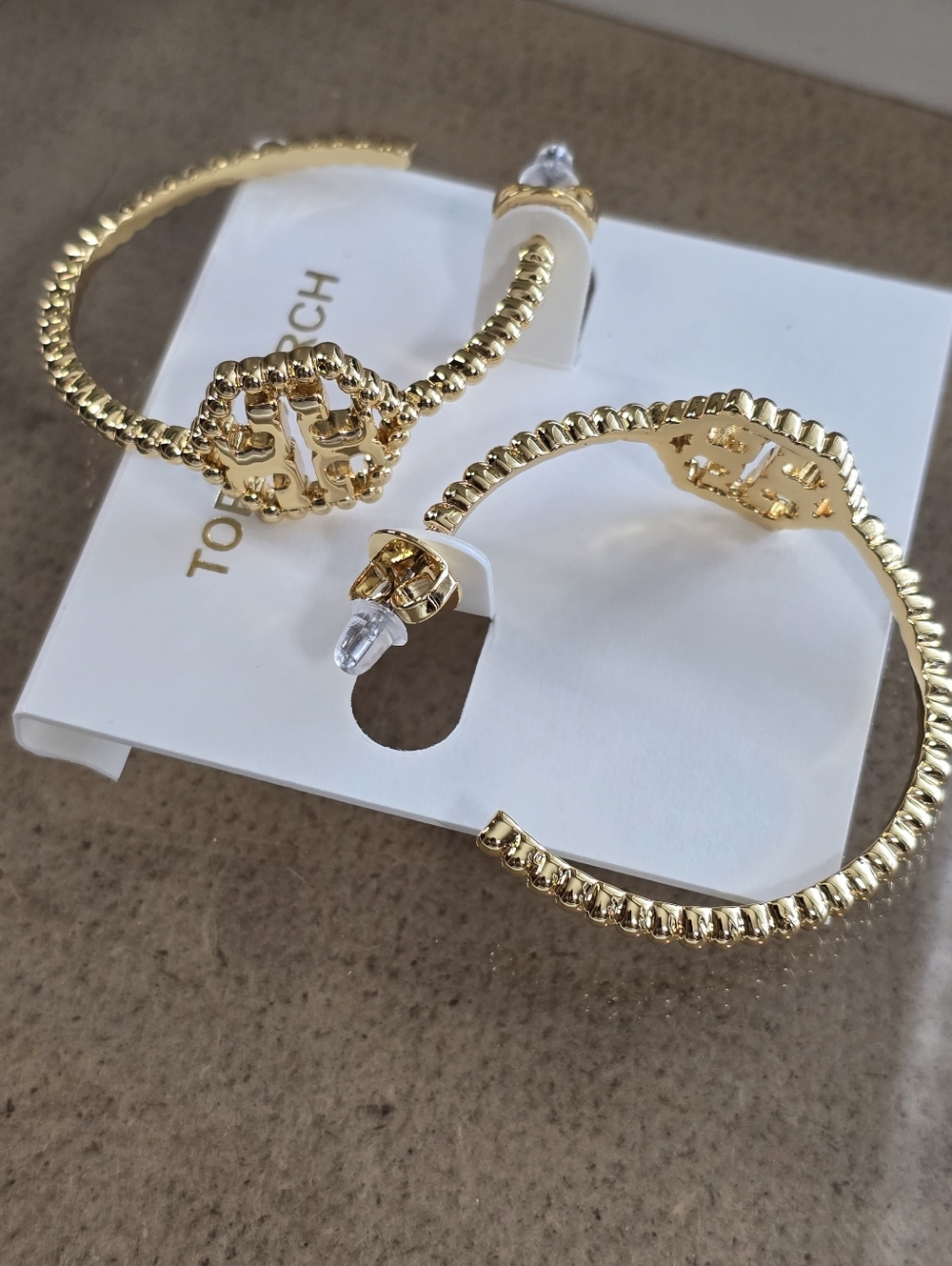 Tory Burch Gold Textured Logo Hoop Earrings